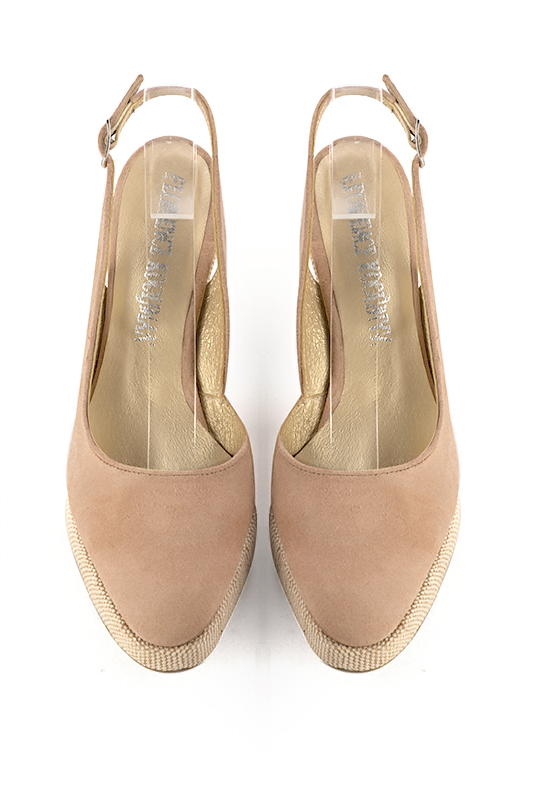 Biscuit beige women's slingback shoes. Round toe. Very high wedge soles. Top view - Florence KOOIJMAN